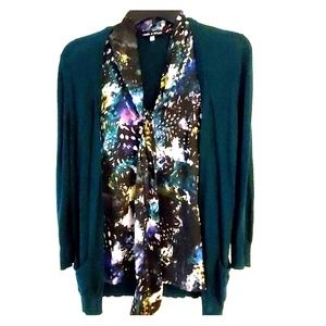 Green faux sweater set with multicolored silky top